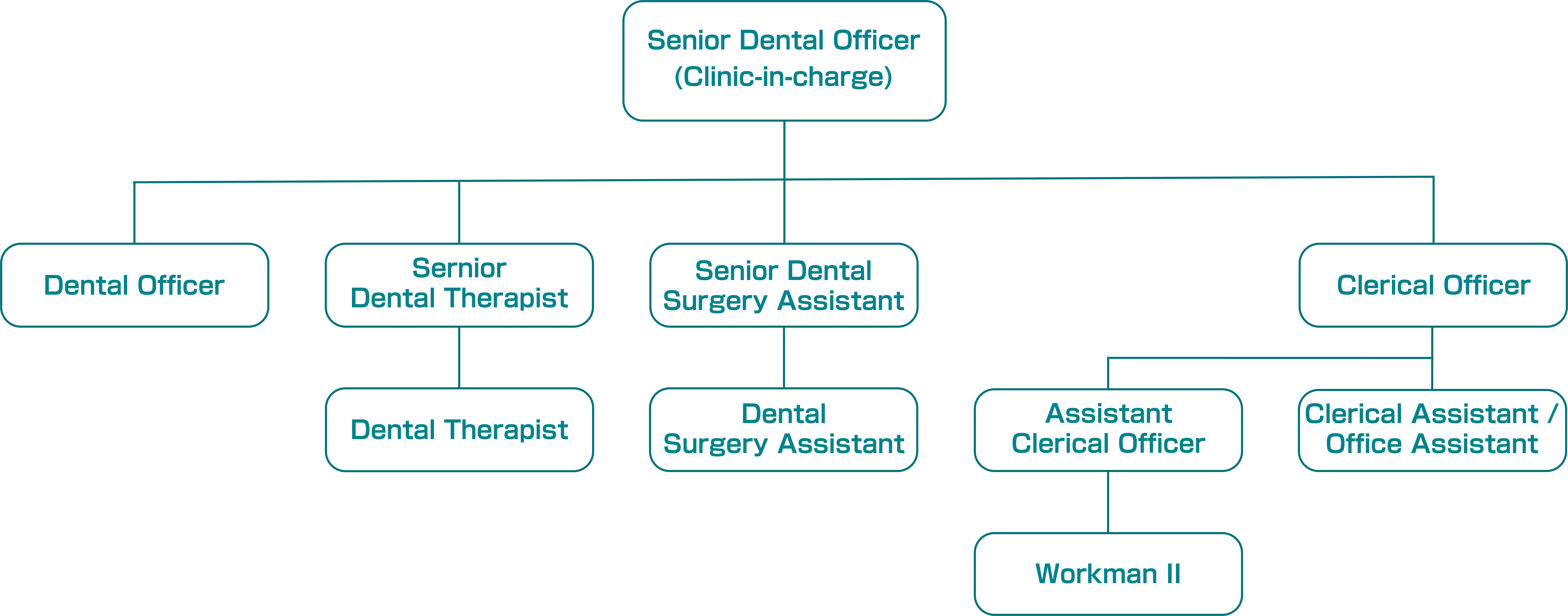 Organization chart showing the senior dental officer in-charge and his subordinates including dental officers, senior dental therapists, dental therapists, senior dental surgery assistant, dental surgery assistants, clerical staff and workmen.